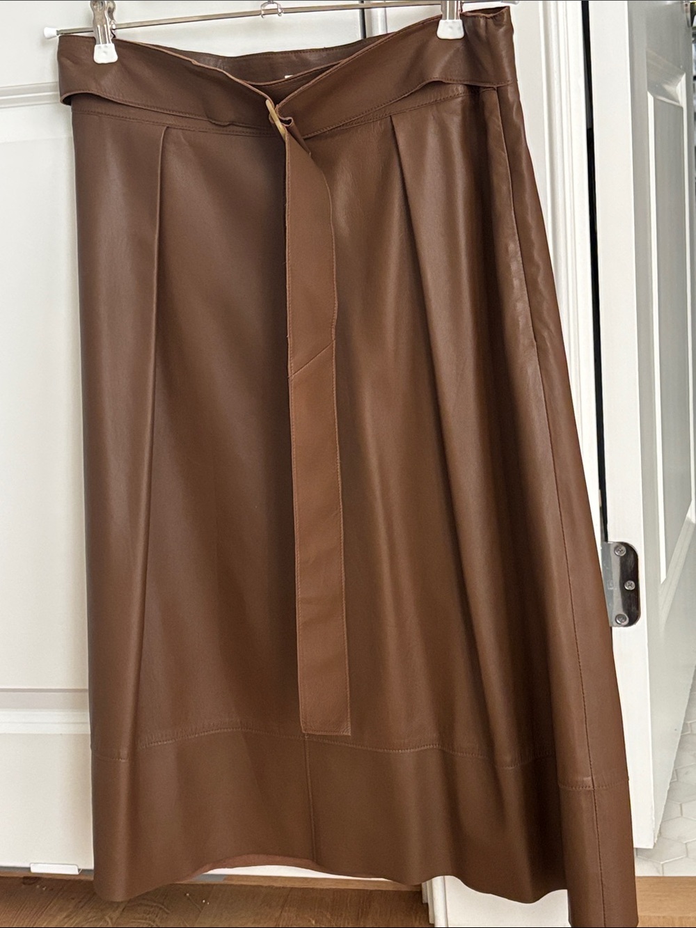 Brown 100% Leather A-Line Skirt with Belt (lined)
